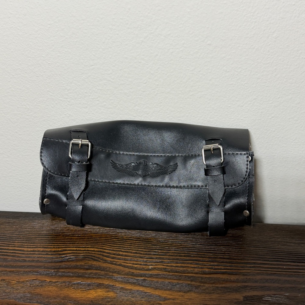 Harley Davidson Tool Bag Black Leather Winged Logo Buckle Motorcycle